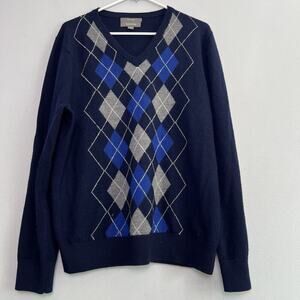 Merona Men's 100% Wool V Neck Sweater Sz L Navy Blue Argyle Office Preppy Classy